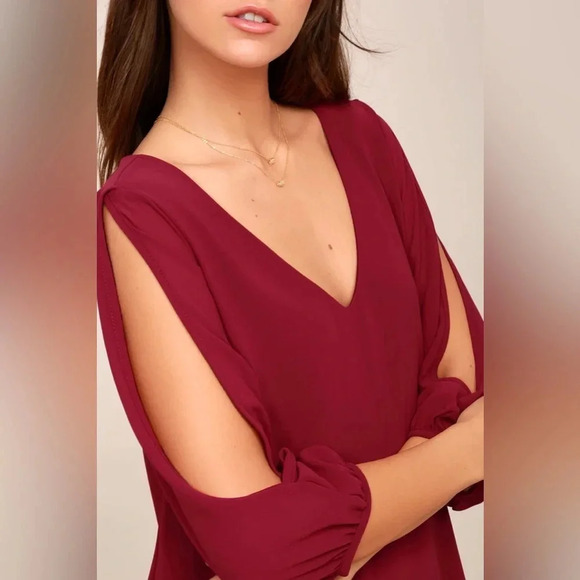 Lulus Shifting Dears Wine Red Long Sleeve Open Shoulder V-neck Dress size S - Picture 4 of 14